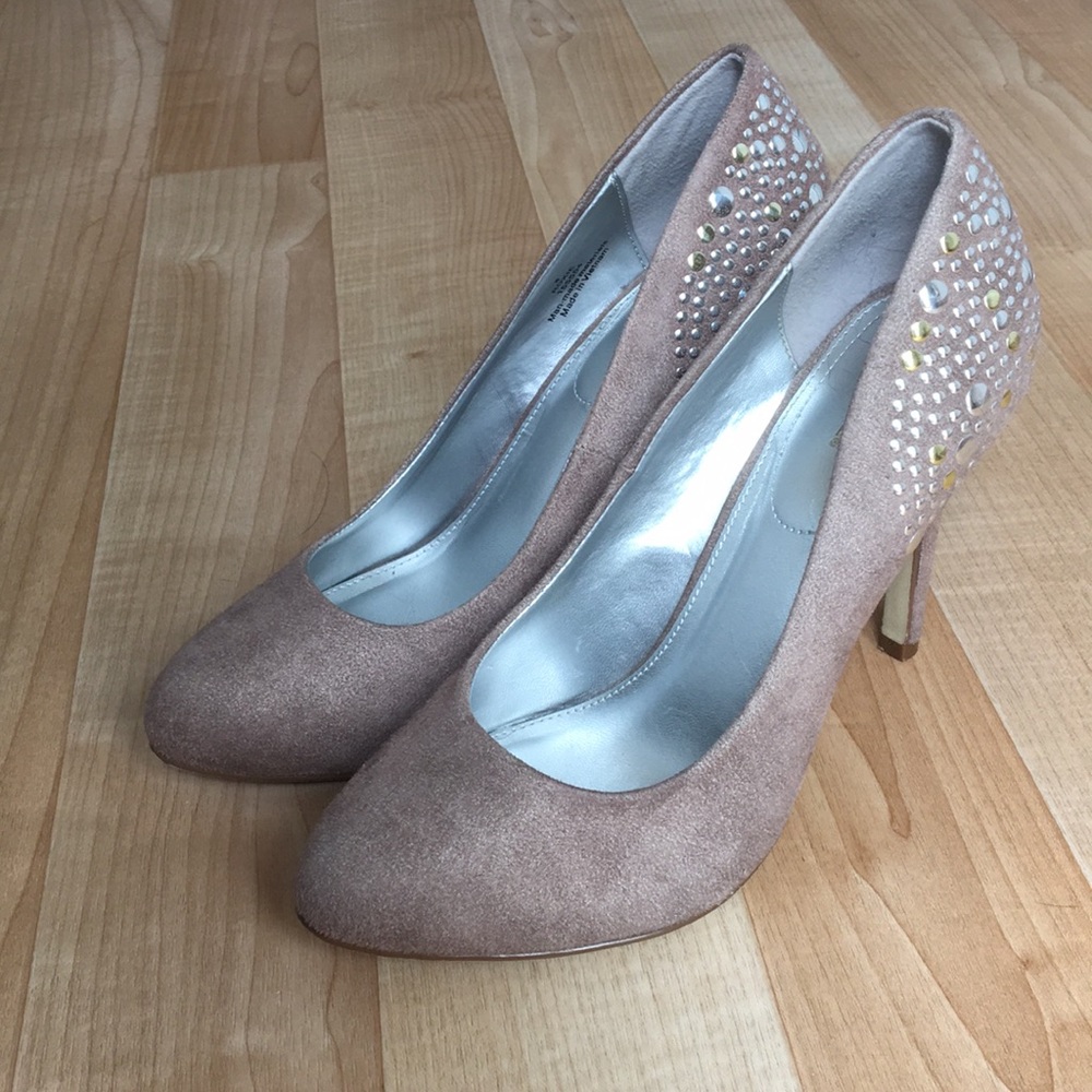 Taupe X-APPEAL Roxie heels w/ gold & silver studs